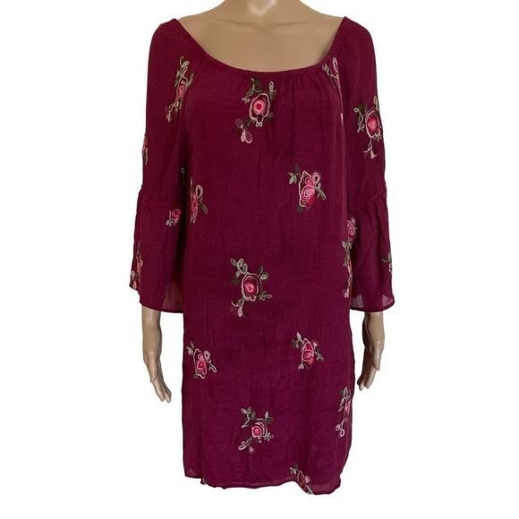 Fig And Flower Anthropologie Maroon Embroidered Floral Bell Sleeve Dress Size L - Picture 1 of 10